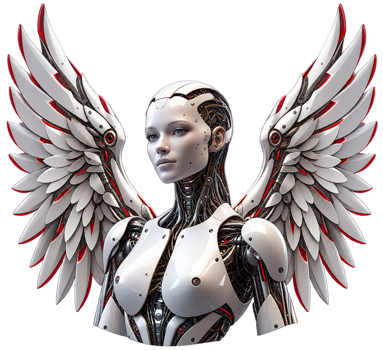 Robot guardián de metal blanco con alas mecánicas