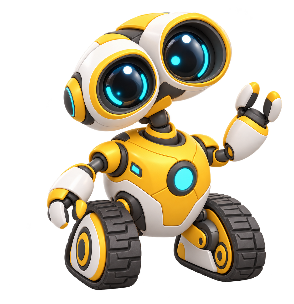 Robot explorador amarillo y blanco con ojos expresivos