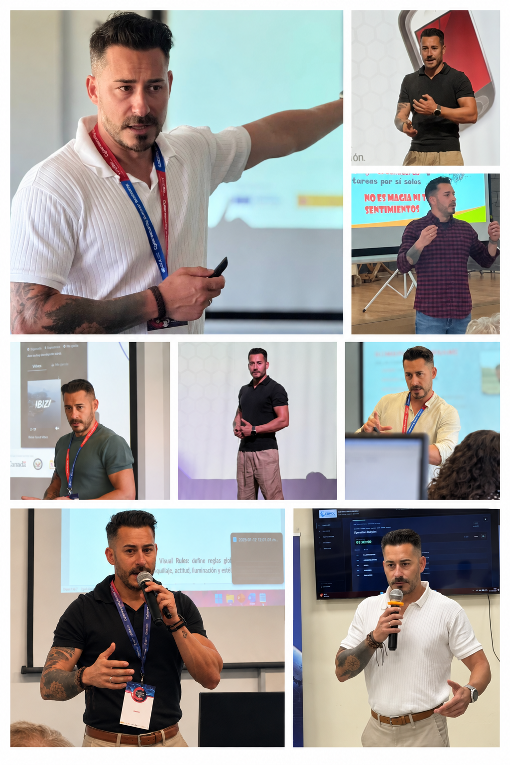 Collage de Javier Arroyo impartiendo formación en distintos encuentros profesionales